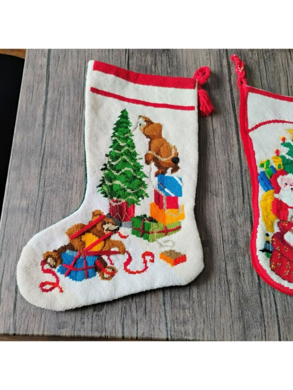 Vintage Handmade Needlepoint Christmas Stockings Set Of 2 Santa & Bear Trimming - Picture 7 of 11